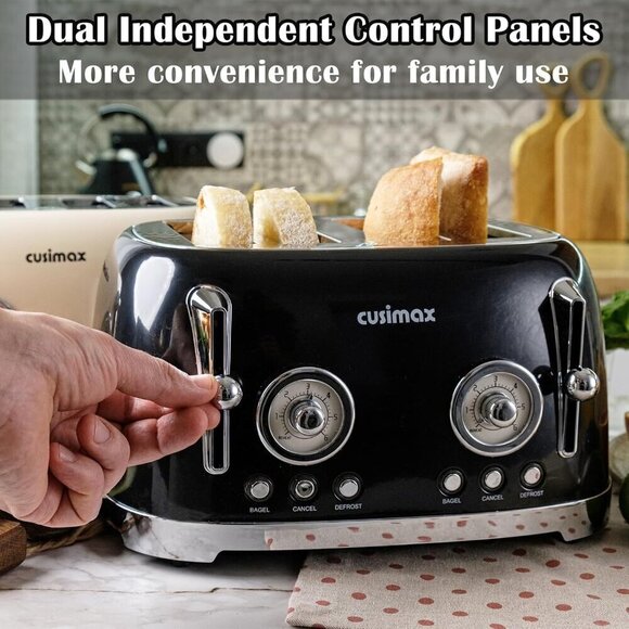 CUSIMAXToasters4SliceBlack Retro Toaster with Wide Slots for Bagels  Retro6Toast - Picture 5 of 6